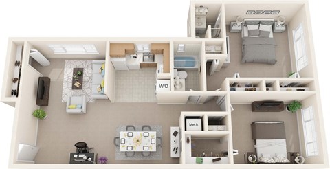 Floor plan for 2 beds, 2 baths, 1063 sqft